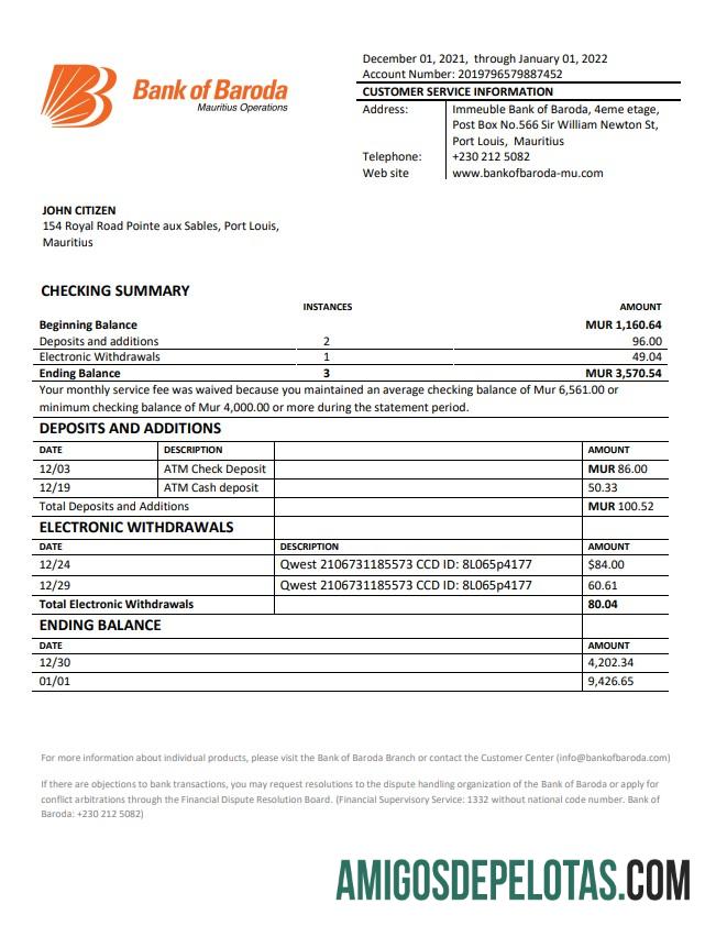 Modelo de extrato bancário do Mauritius Bank Of Baroda
